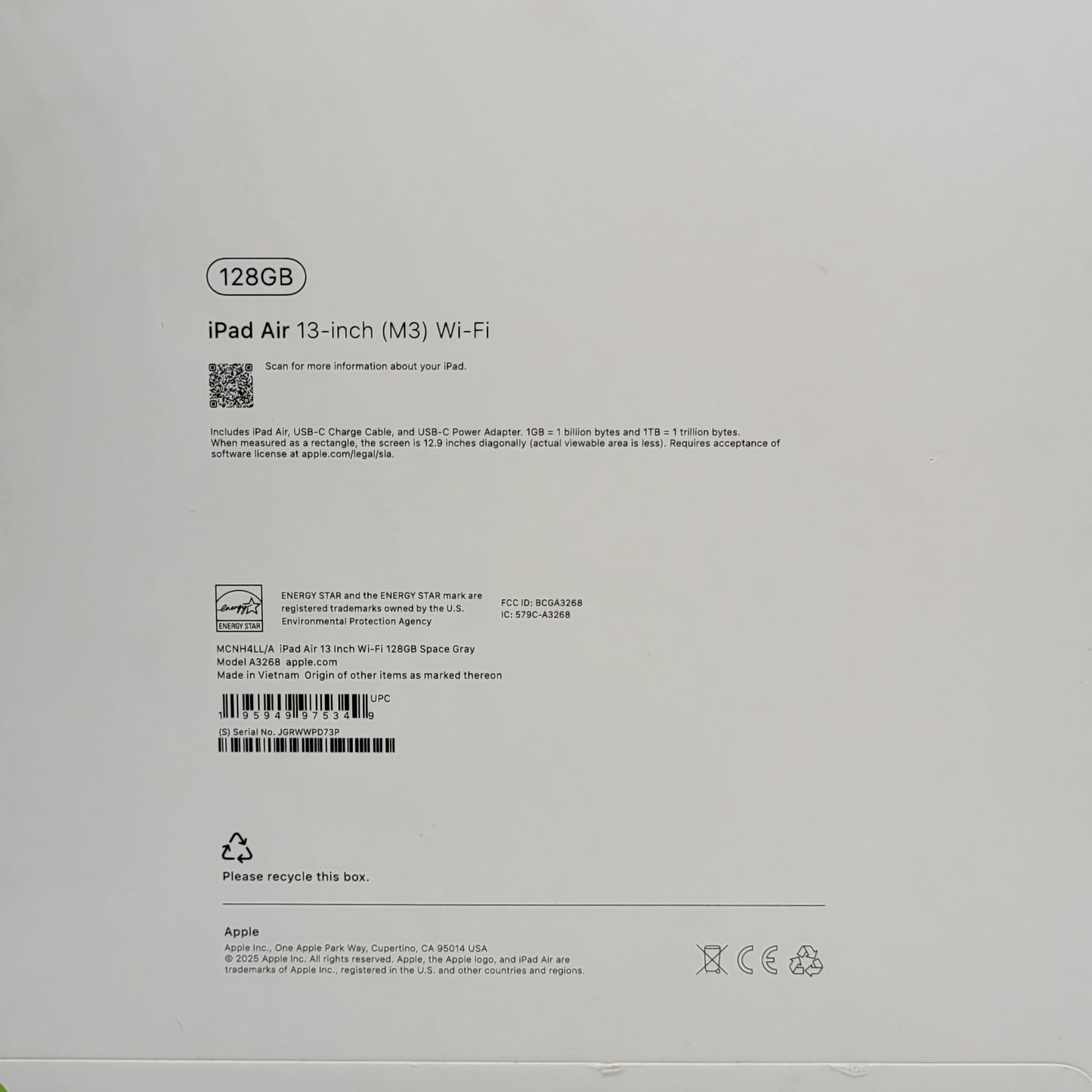 New WiFi Only Apple iPad Air 13" M3 128GB Space Gray MCNH4LL/A