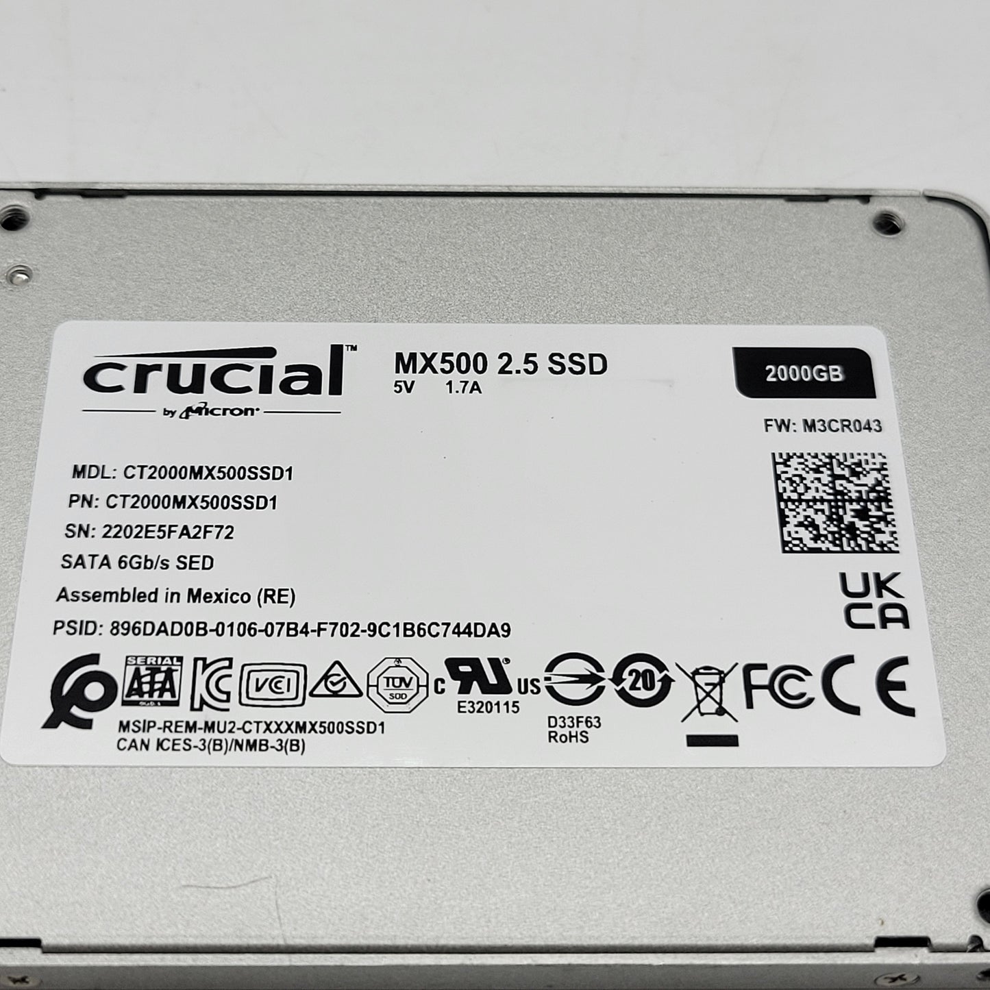 Crucial 2.5" MX500 SSD 2TB SATA III 6Gbps SSD CT2000MX500SSD1