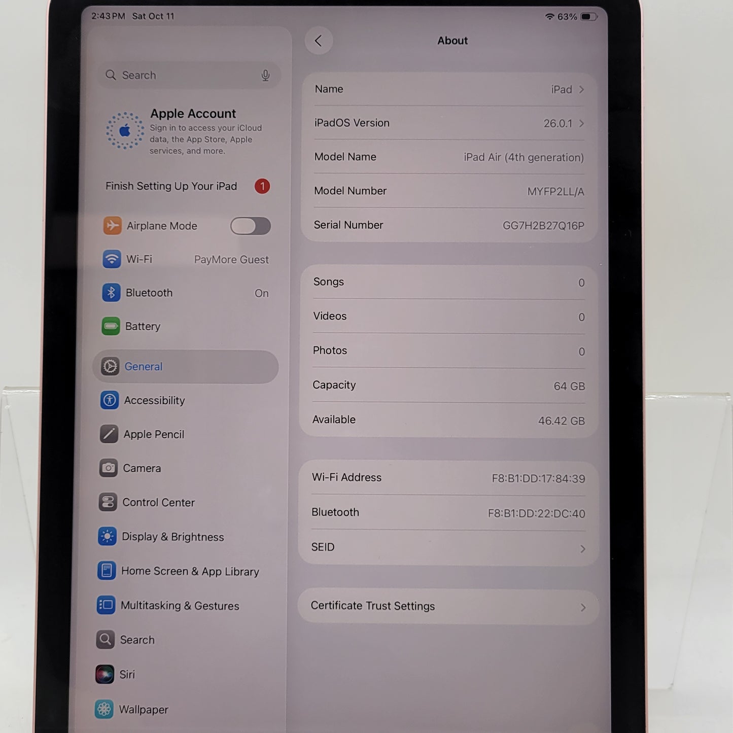 WiFi Only Apple iPad Air 4th Gen 64GB Rose Gold MYFP2LL/A