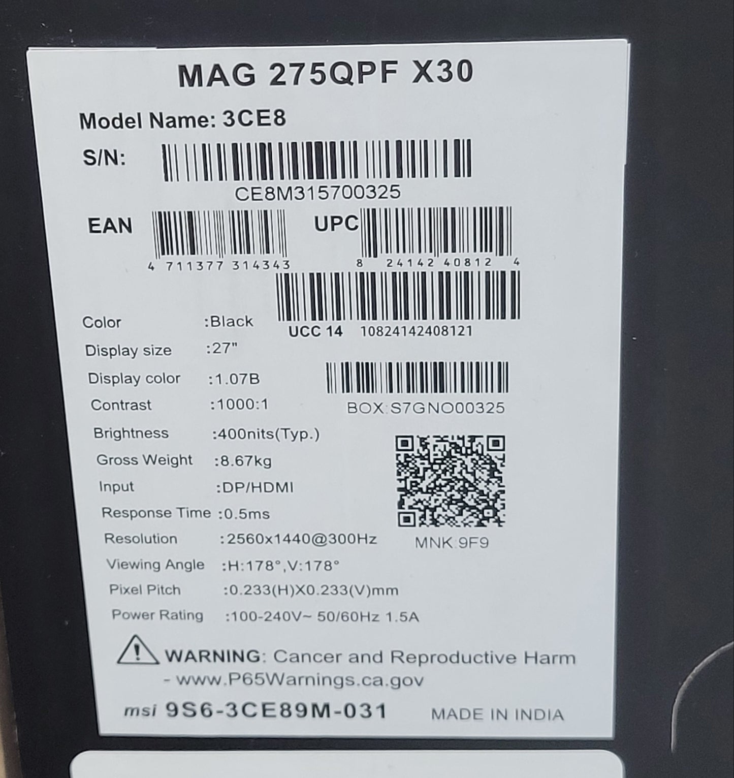 New MSI 27" MAG 275QPF X30 WQHD Rapid IPS 300Hz Gaming Monitor HDR 400