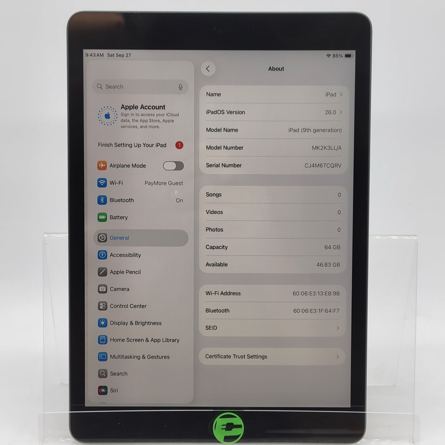 WiFi Only Apple iPad 9th Gen 64GB Space gray MK2K3LL/A With Pencil