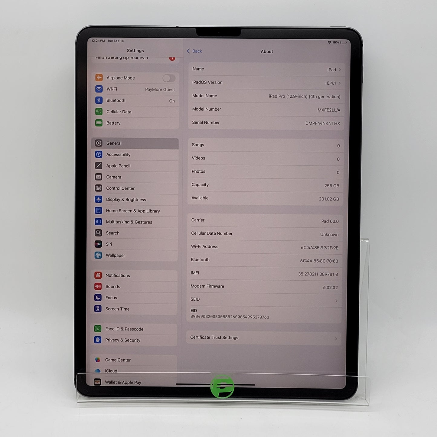 Unlocked Apple iPad Pro 12.9" 4th Gen 256GB 26.0 Space gray MXFE2LL/A