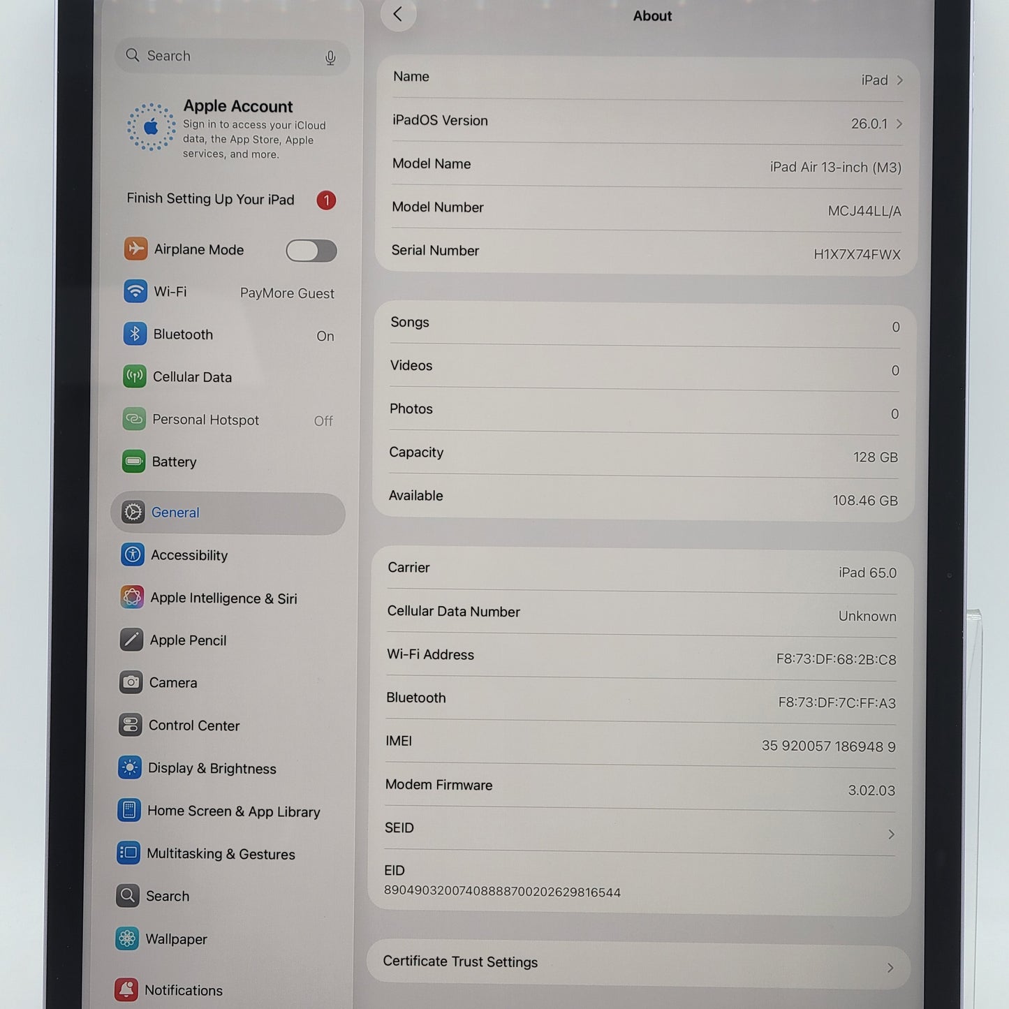 Wifi Only Apple iPad Air 13" M3 128GB Purple MCJ44LL/A