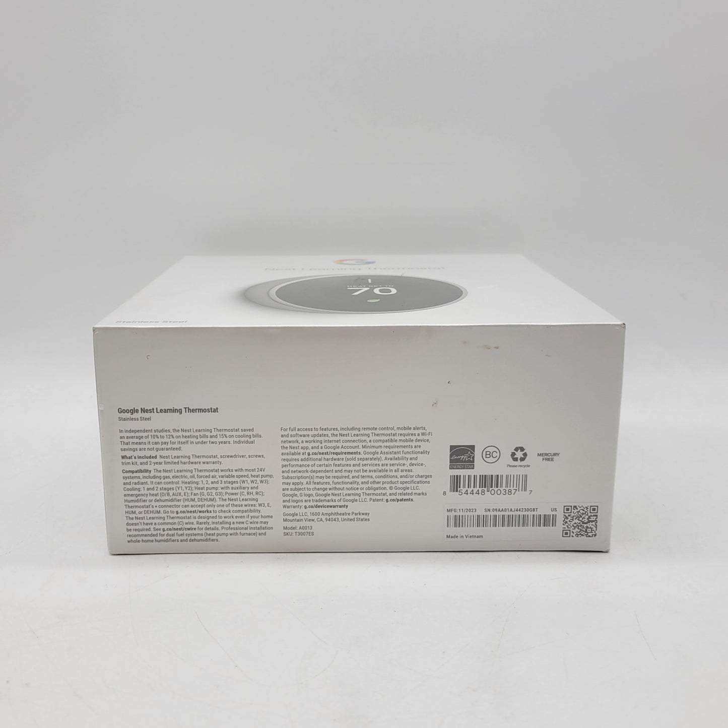 New GOOGLE Nest Learning Thermostat Stainless Steel A0013