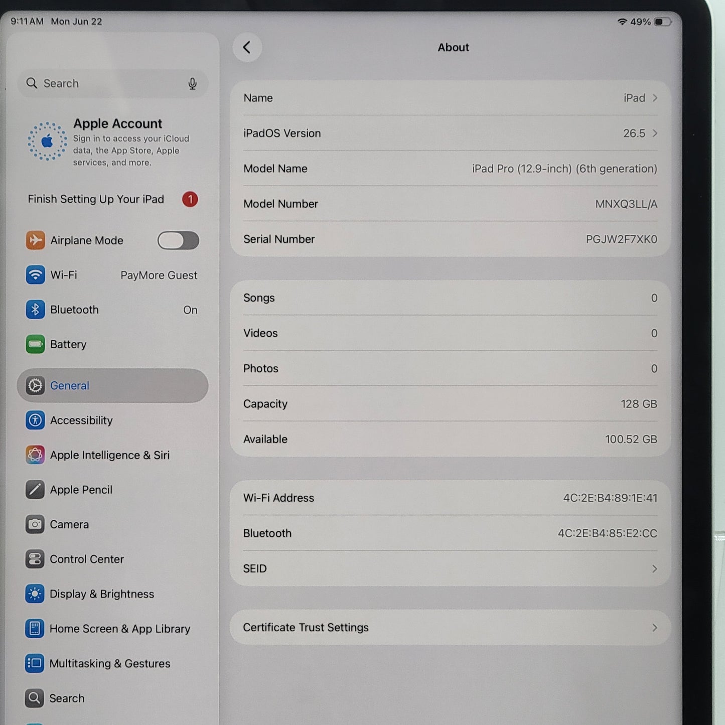WiFi Only Apple iPad Pro 12.9" 6th Gen 128GB Silver MNXQ3LL/A