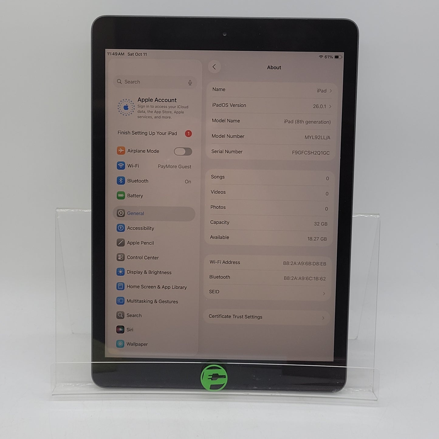 WiFi Only Apple iPad 8th Gen 32GB Space gray MYL92LL/A