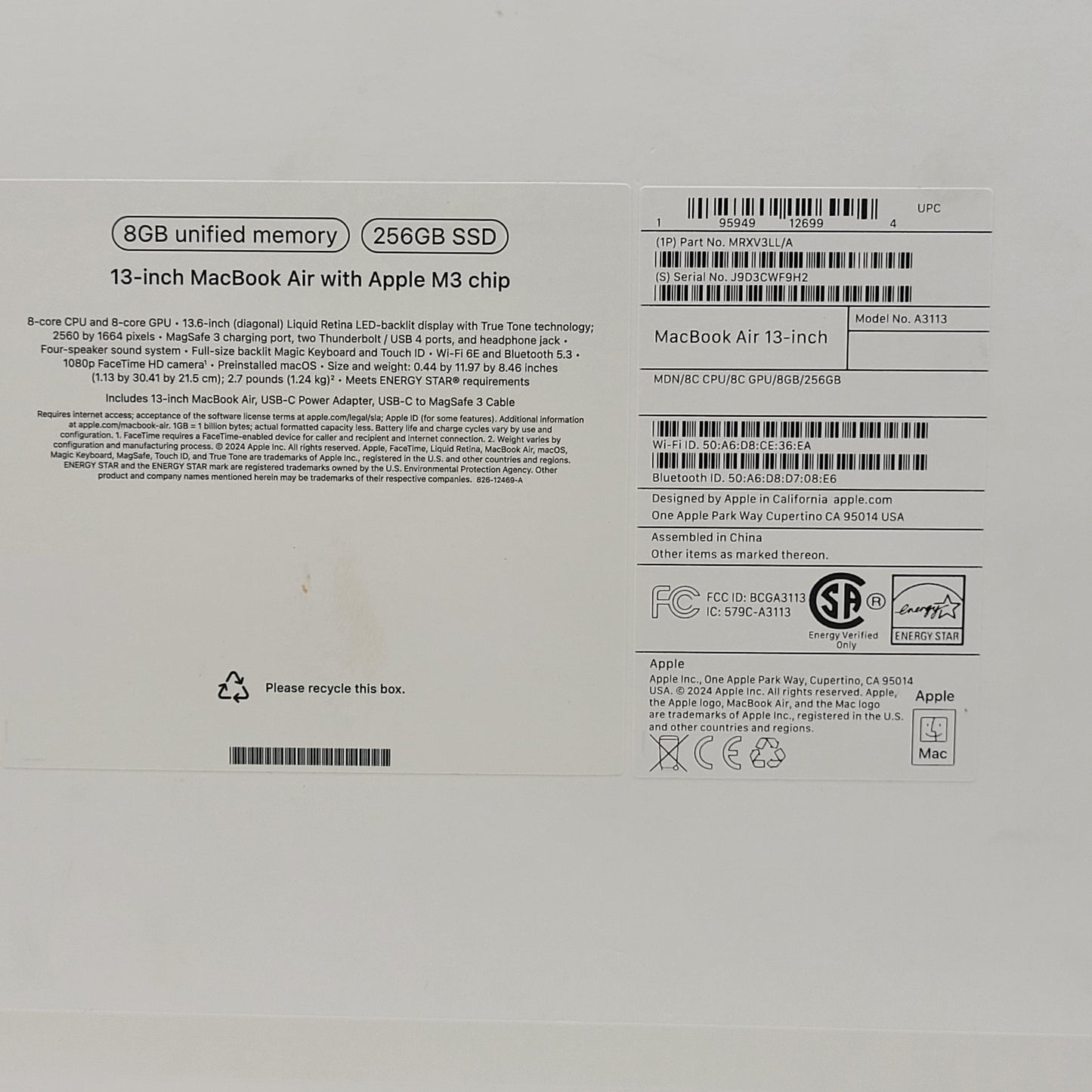 2024 Apple MacBook Air 13.6" M3 8C GPU 4.0GHz 8GB RAM 256GB SSD A3113