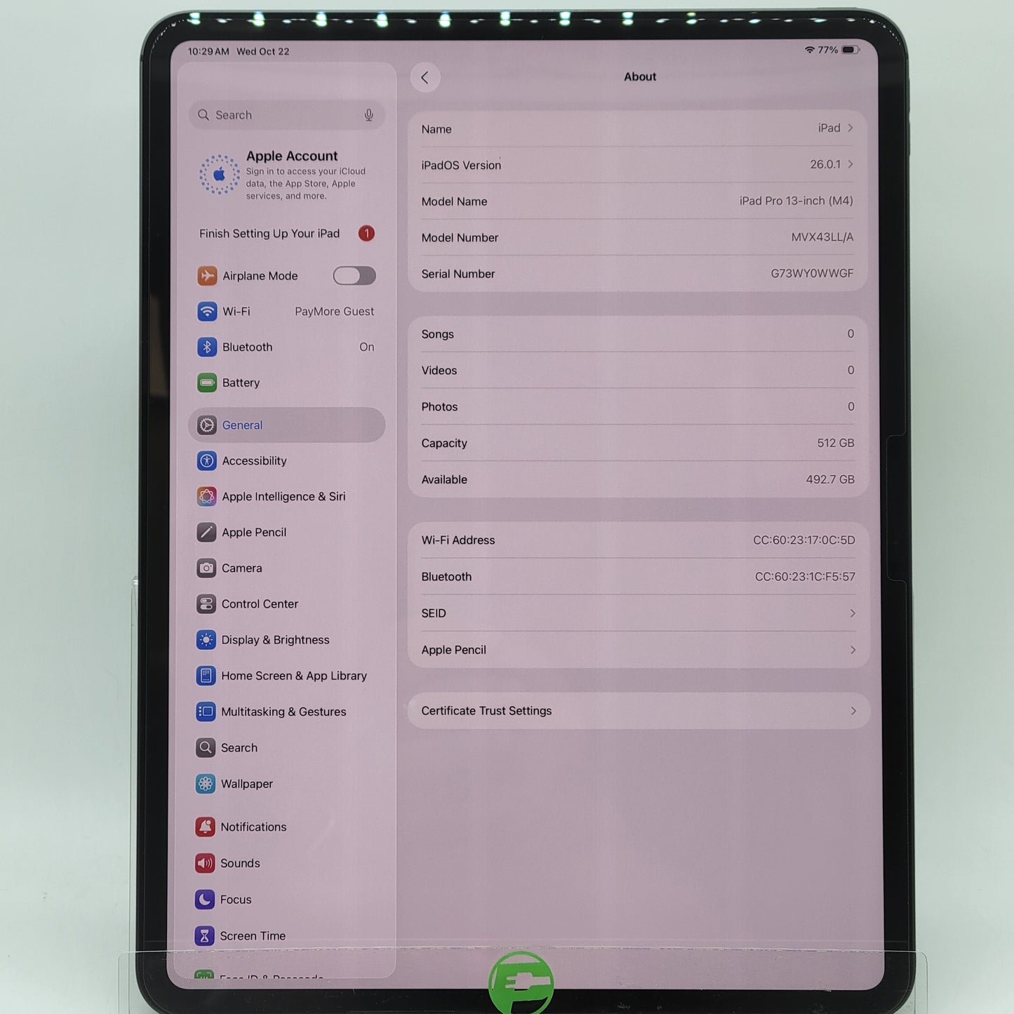 WiFi Only Apple iPad Pro 13" M4 512GB Space Black MVX43LL/A With Pencil Pro
