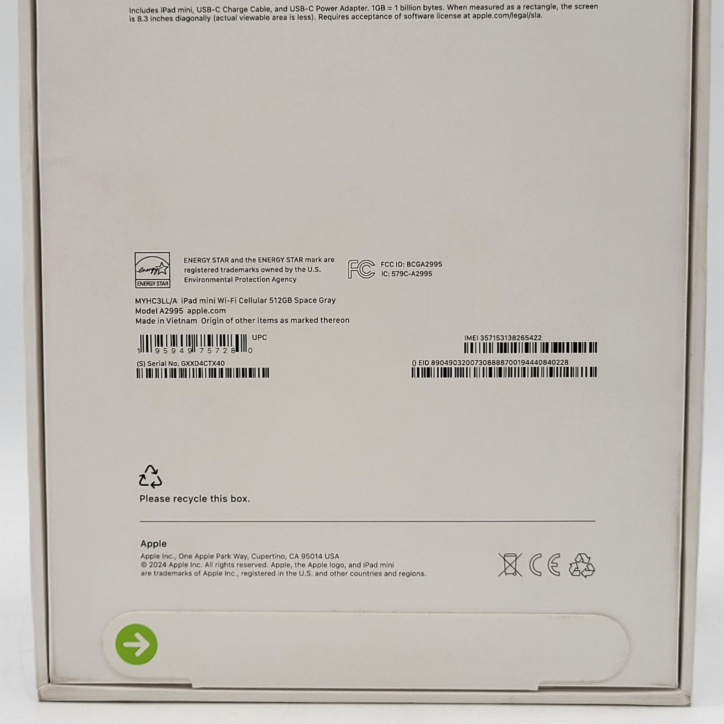 New Factory Unlocked Apple iPad mini (A17 Pro) 512GB Space Gray MYHC3LL/A