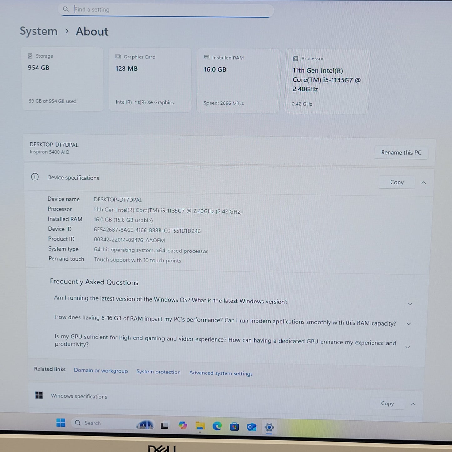 Dell Inspiron 5400 AIO i5-1135G7 2.40GHz 16GB RAM 1TB SSD