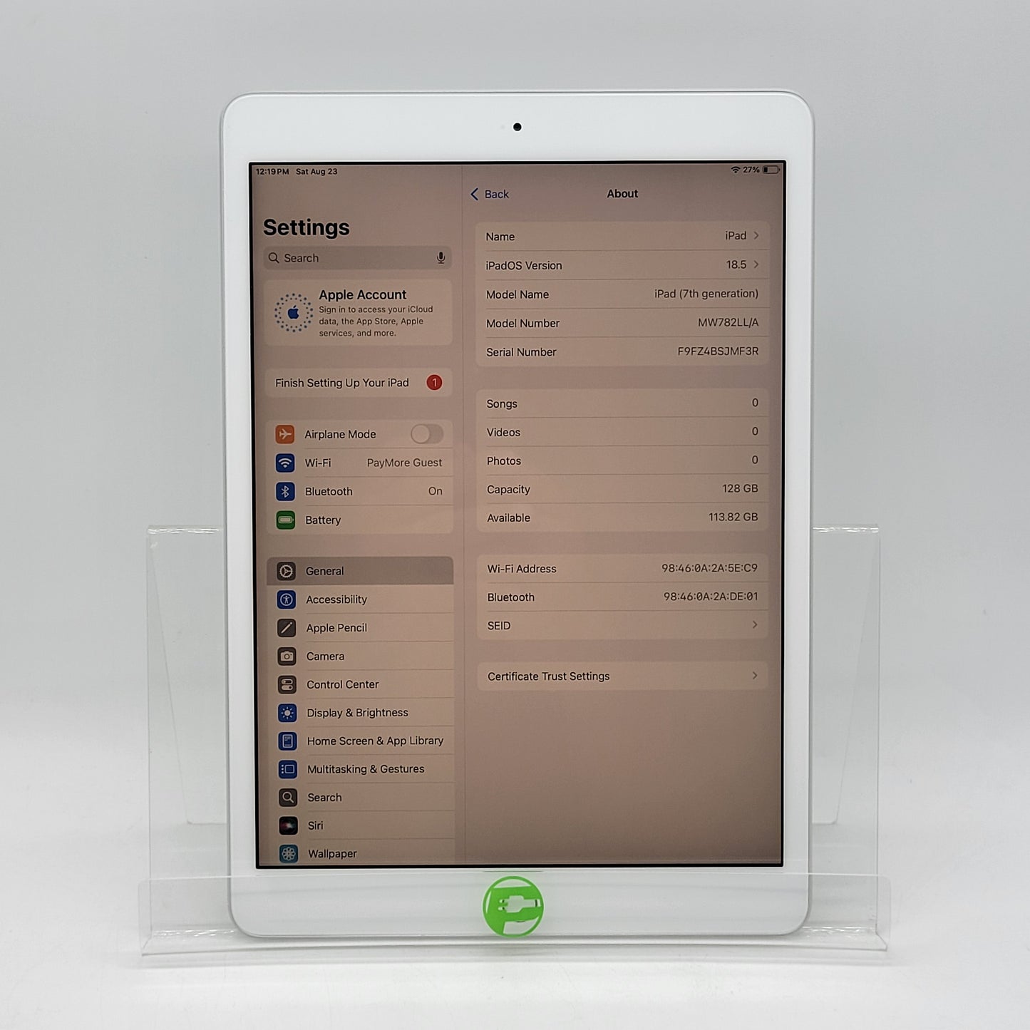 WiFi Only Apple iPad 7th Gen 128GB Silver MW782LL/A