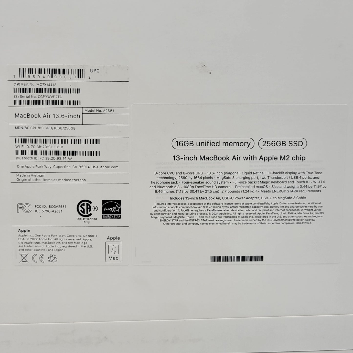 New 2022 Apple MacBook Air 13.6" M2 8C GPU 3.5GHz 16GB RAM 256GB SSD A2681
