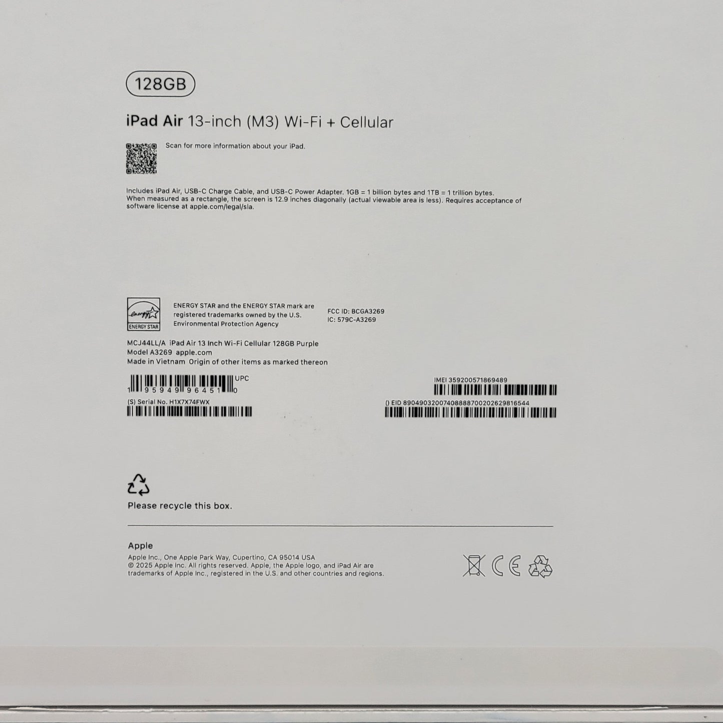 Wifi Only Apple iPad Air 13" M3 128GB Purple MCJ44LL/A