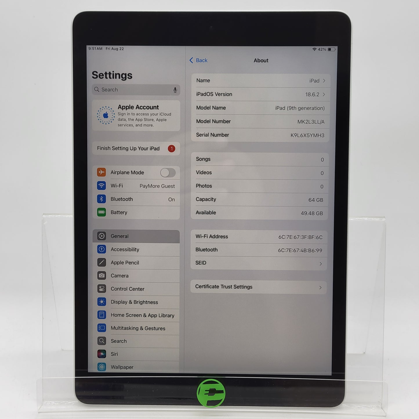 WiFi Only Apple iPad 9th Gen 64GB Silver MK2L3LL/A