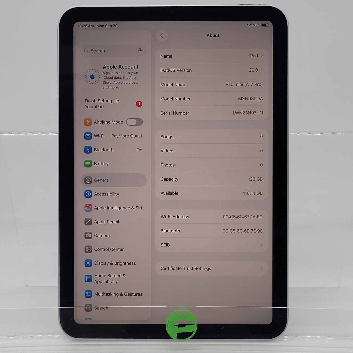 WiFi Only Apple iPad mini (A17 Pro) 128GB Purple MXN93LL/A