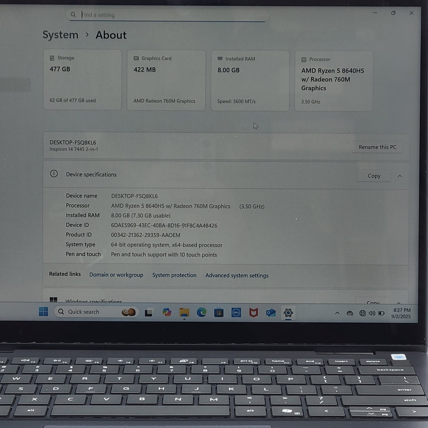 Dell Inspiron 14 7445 2 IN 1 14" Ryzen 5 8640HS 3.5GHz 8GB RAM 512GB SSD