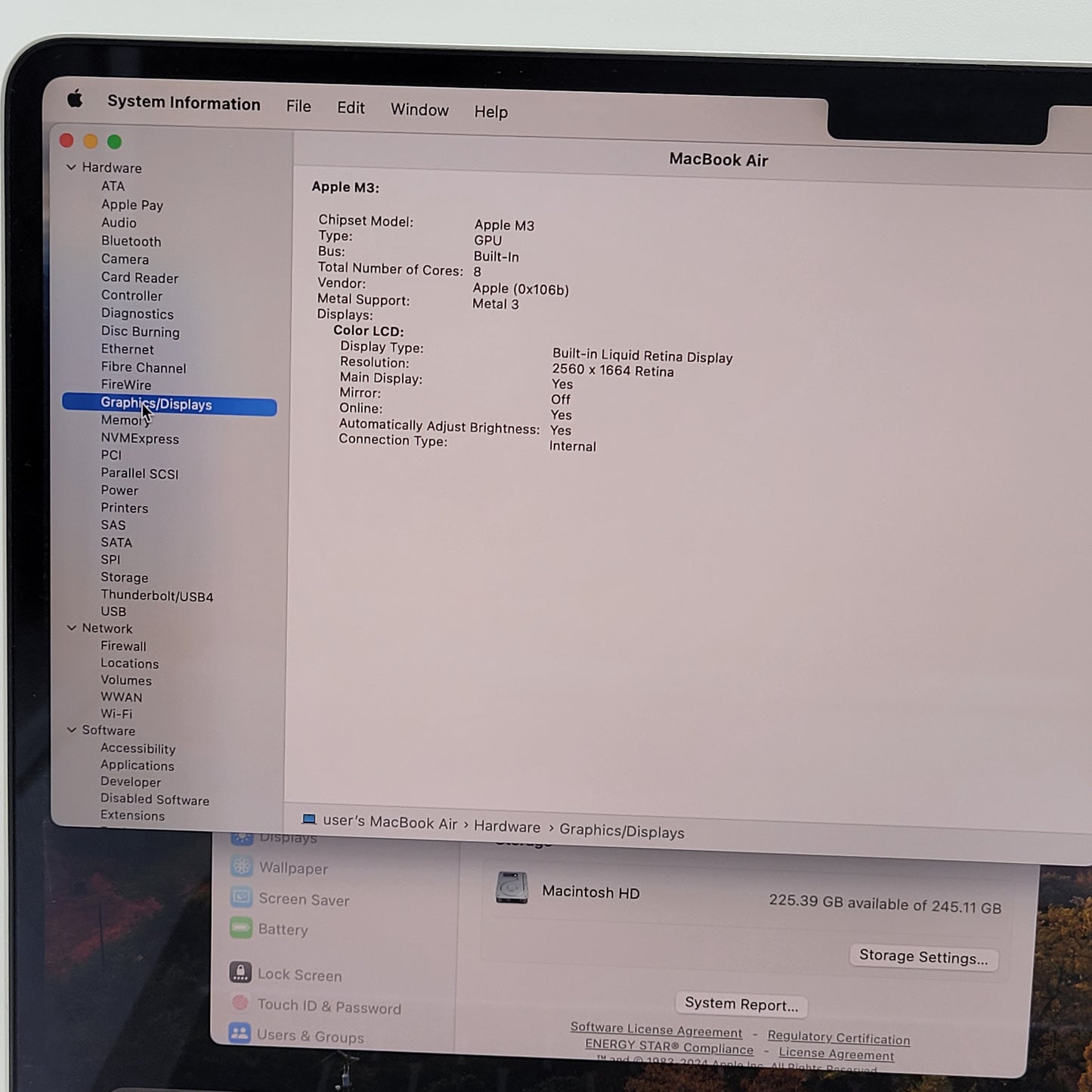 2024 Apple MacBook Air 13.6" M3 8C GPU 4.0GHz 16GB RAM 256GB SSD A3113