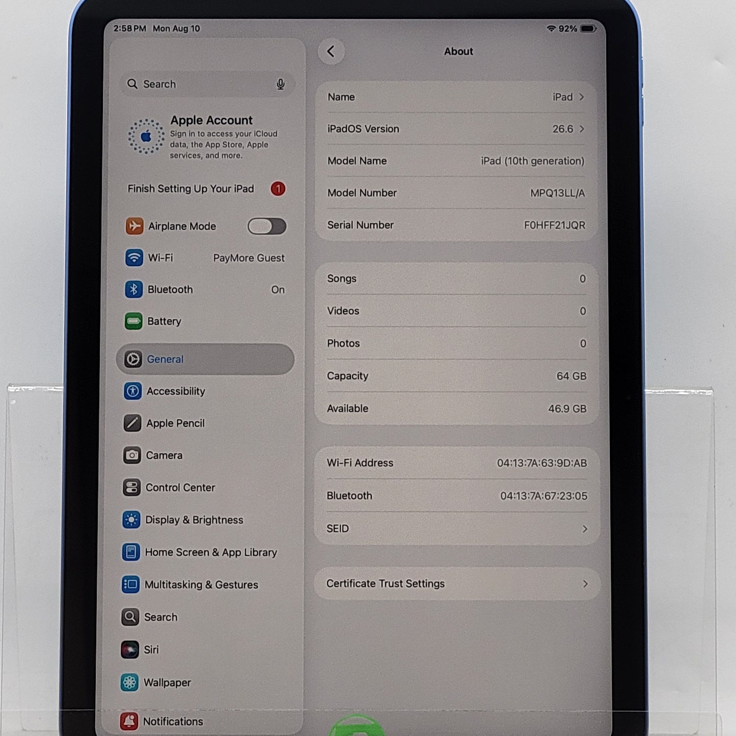 WiFi Only Apple iPad 10th Gen 64GB Blue MPQ13LL/A