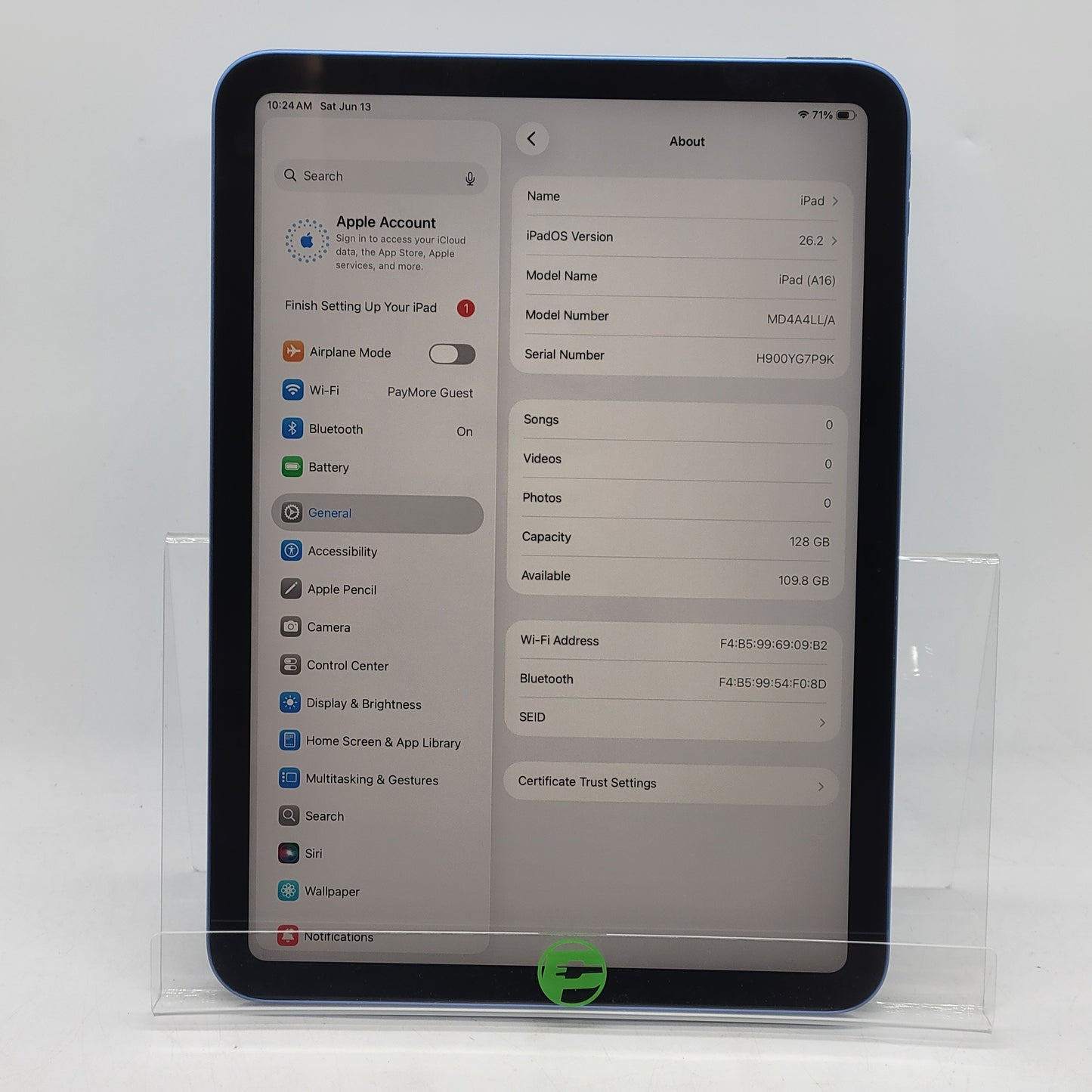 WiFi Only Apple iPad 11" (A16) 128GB Blue MD4A4LL/A