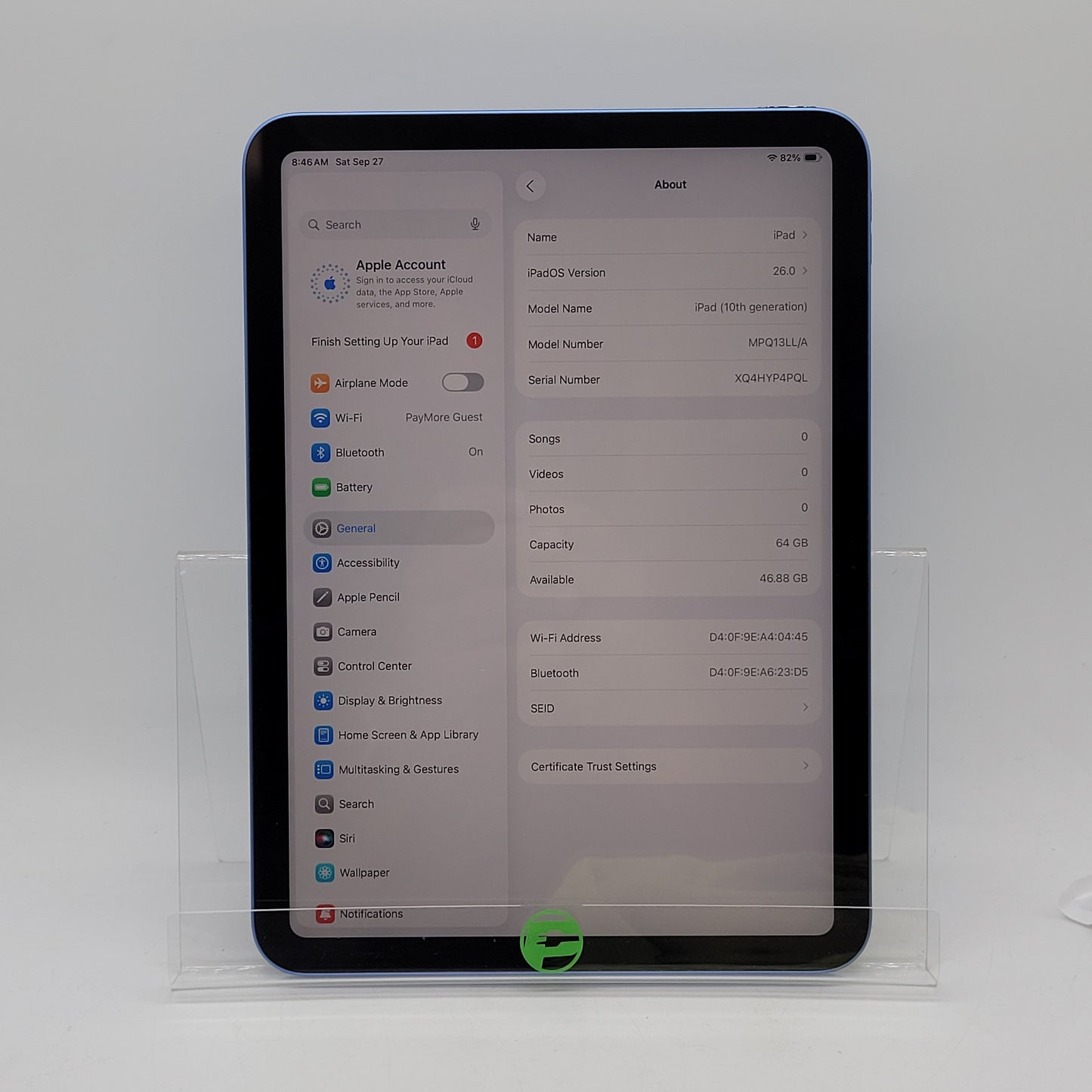 WiFi Only Apple iPad 10th Gen 64GB 26.0 Blue MPQ13LL/A Read