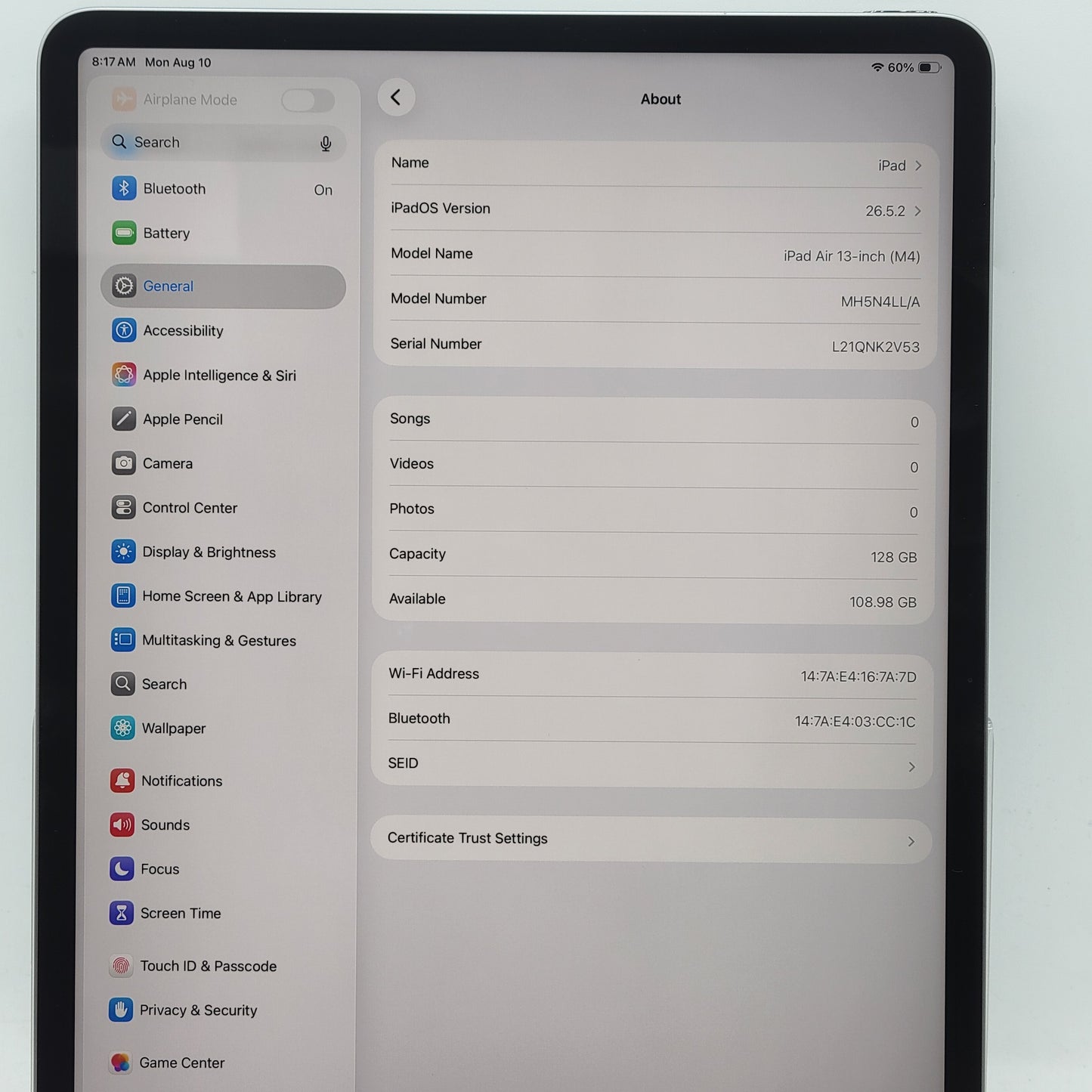 WiFi Only Apple iPad Air 13" M4 128GB Space Gray MH5N4LL/A
