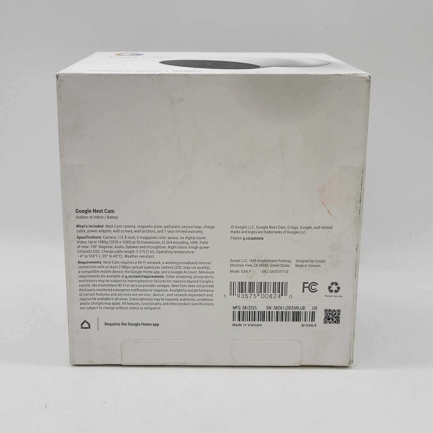 New Google Nest Cam Indoor/Outdoor Security Camera White G3AL9