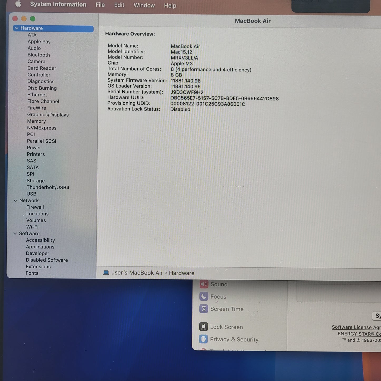 2024 Apple MacBook Air 13.6" M3 8C GPU 4.0GHz 8GB RAM 256GB SSD A3113