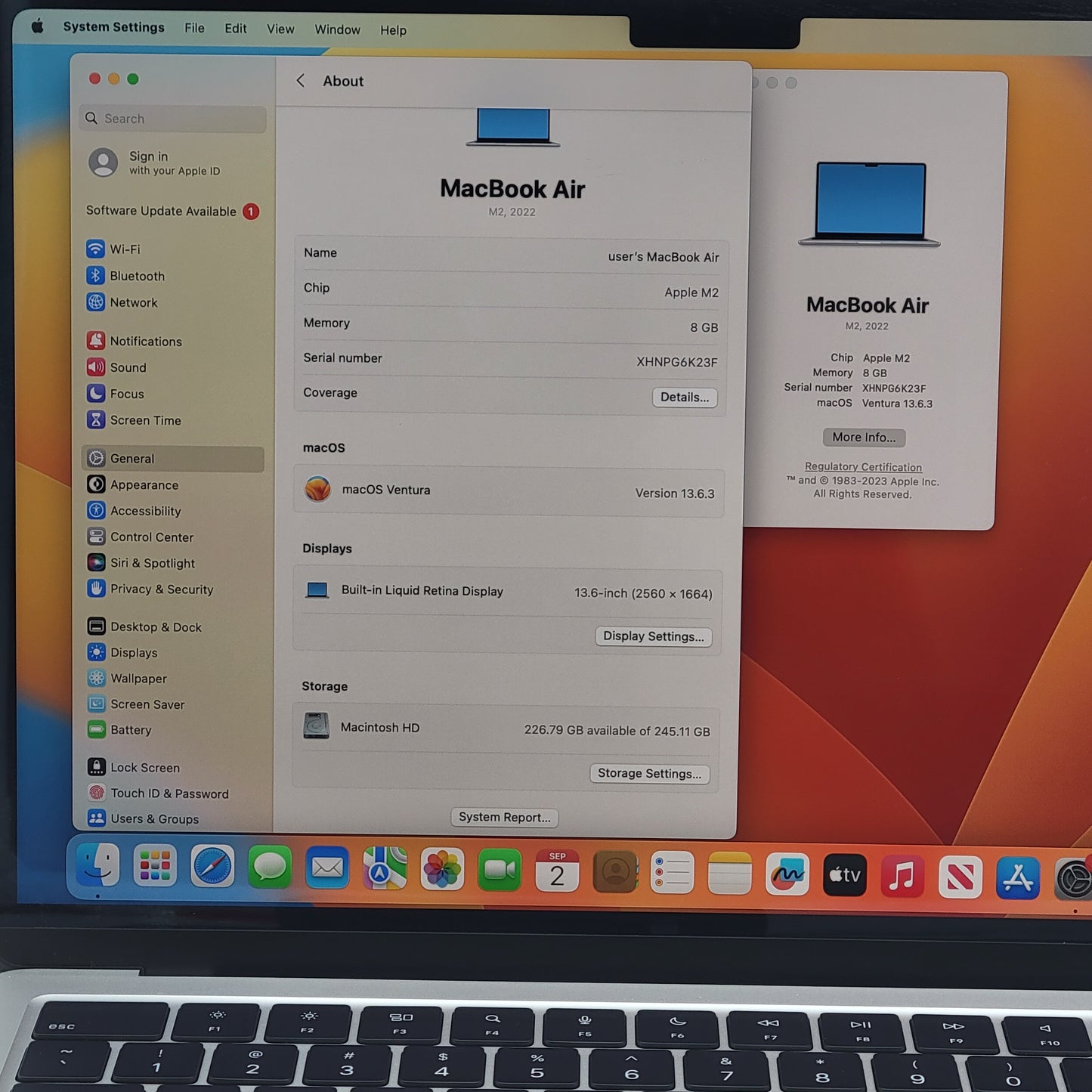 2022 Apple MacBook Air 13.6" M2 8C GPU 3.5GHz 8GB RAM 256GB SSD A2681