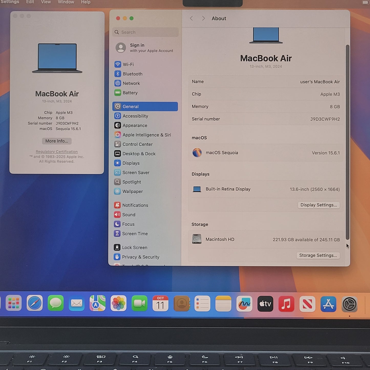 2024 Apple MacBook Air 13.6" M3 8C GPU 4.0GHz 8GB RAM 256GB SSD A3113