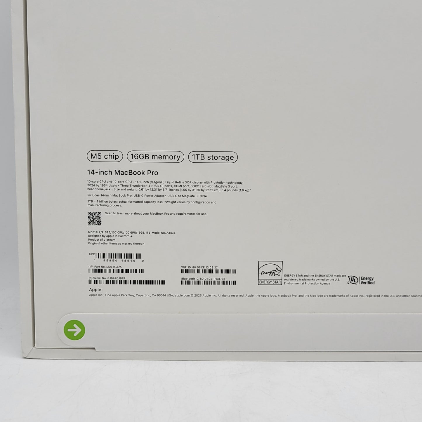 New 2026 Apple MacBook Pro 14" M5 10C GPU 4.6GHz 16GB RAM 1TB SSD A3434