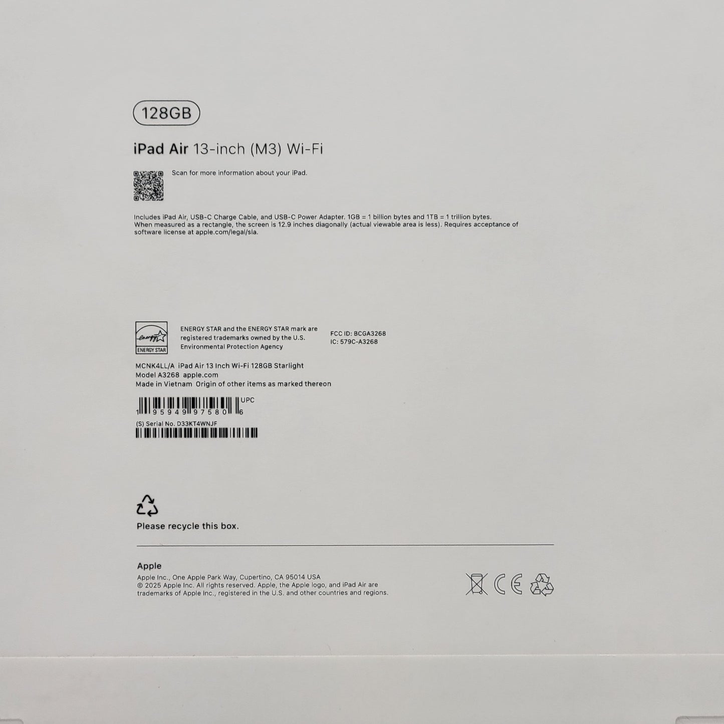 New WiFi Only Apple iPad Air 13" M3 128GB Starlight MCNK4LL/A