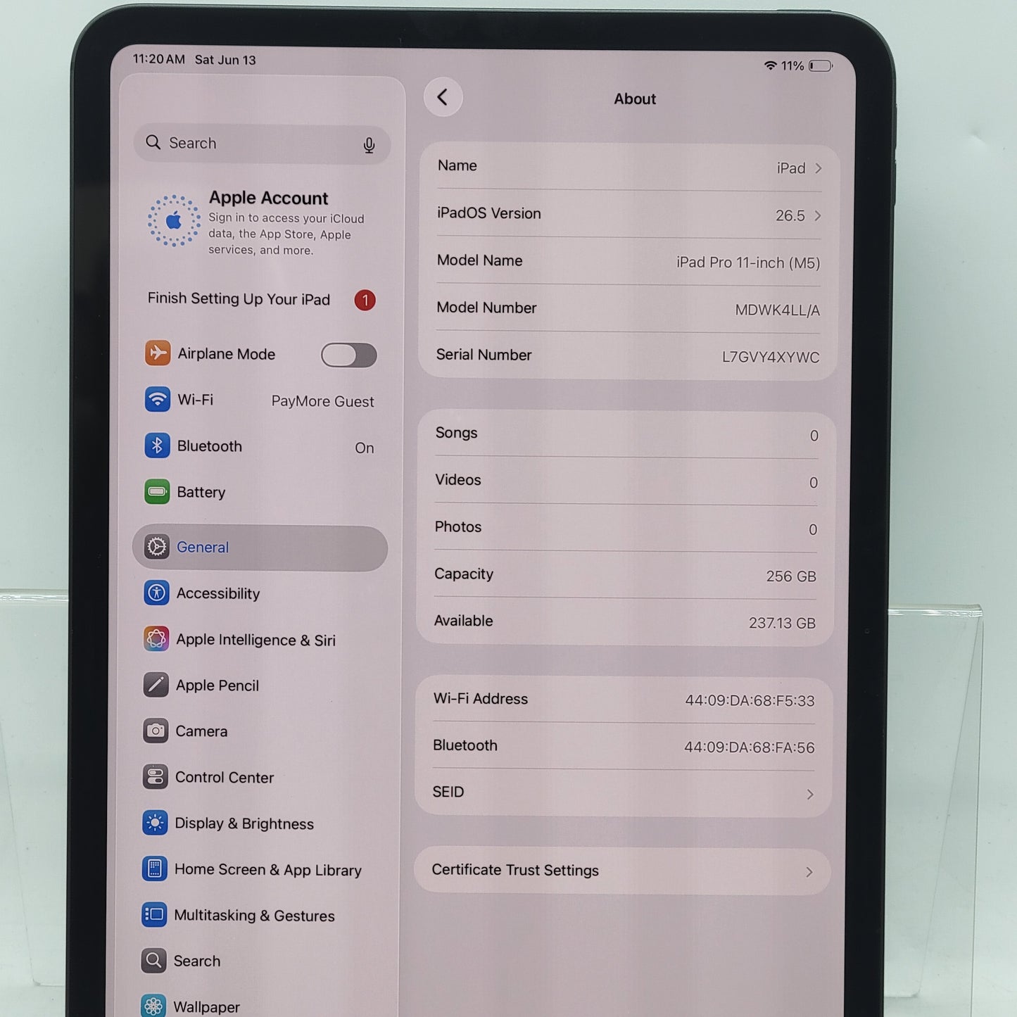 WiFi Only Apple iPad Pro 11" M5 256GB Space Black MDWK4LL/A