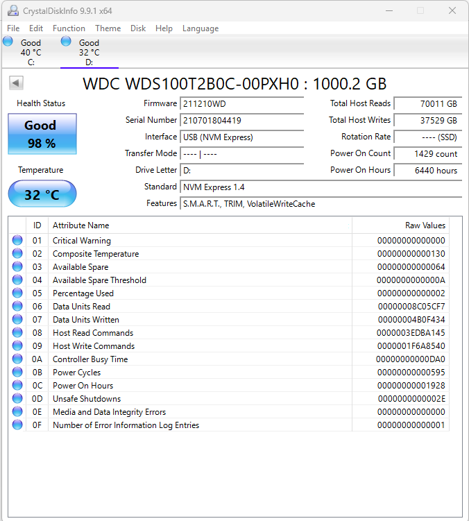 Western Digital 2280mm WD Blue SN550 1TB M.2 NVMe Gen 3.0 x 4 SSD WDS100T280C