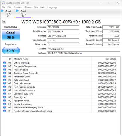 Western Digital 2280mm WD Blue SN550 1TB M.2 NVMe Gen 3.0 x 4 SSD WDS100T280C
