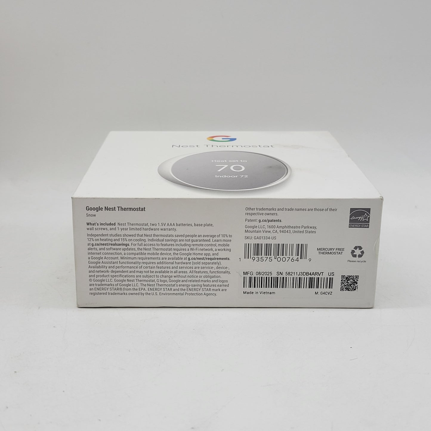 New Google Nest  Thermostat Snow GA01334