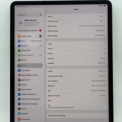 Factory Unlocked Apple iPad Pro 12.9" 5th Gen 128GB Space Gray MHNR3LL/A