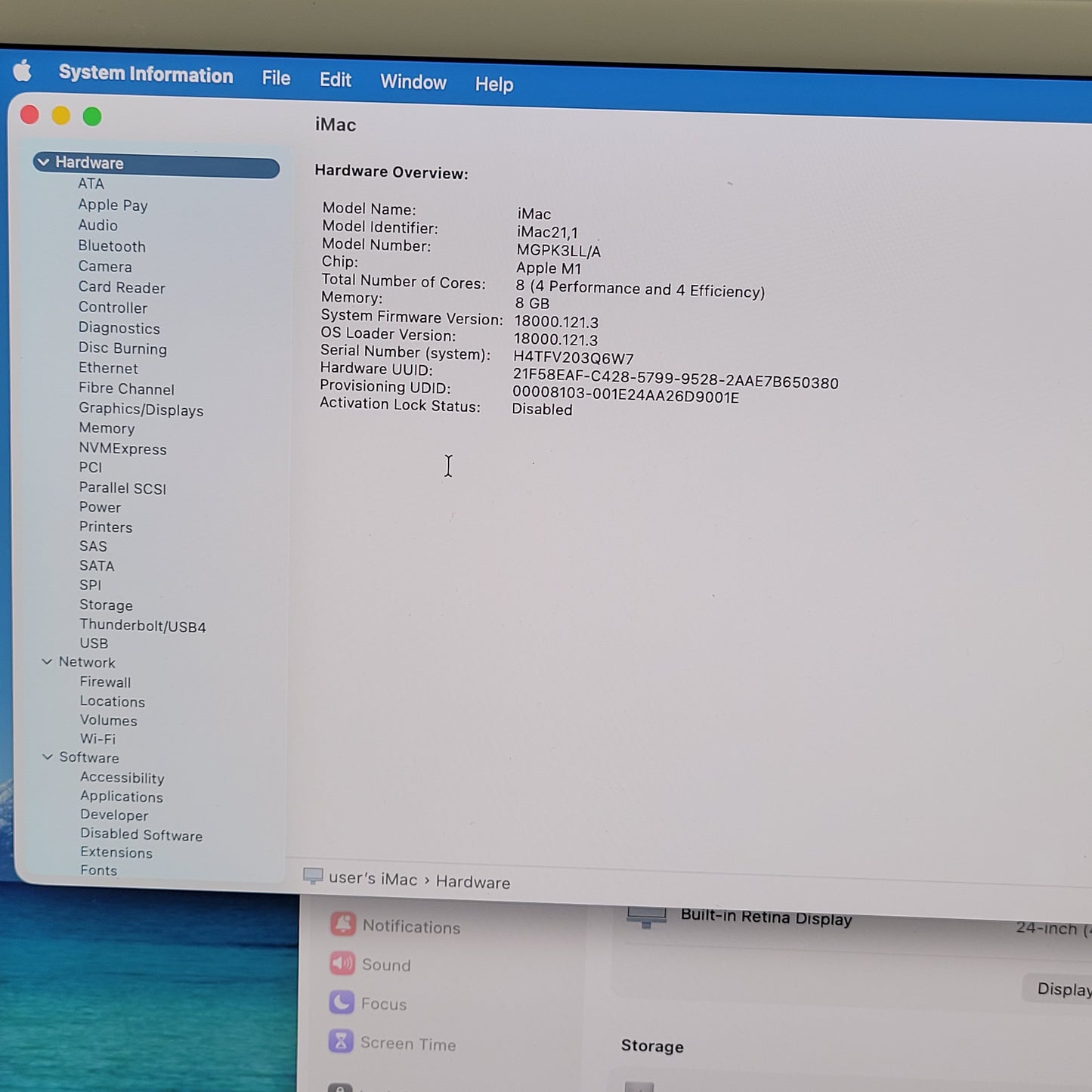 2021 Apple iMac 24" M1 8 Core 3.2GHz 8GB RAM 256GB SSD Blue A2438
