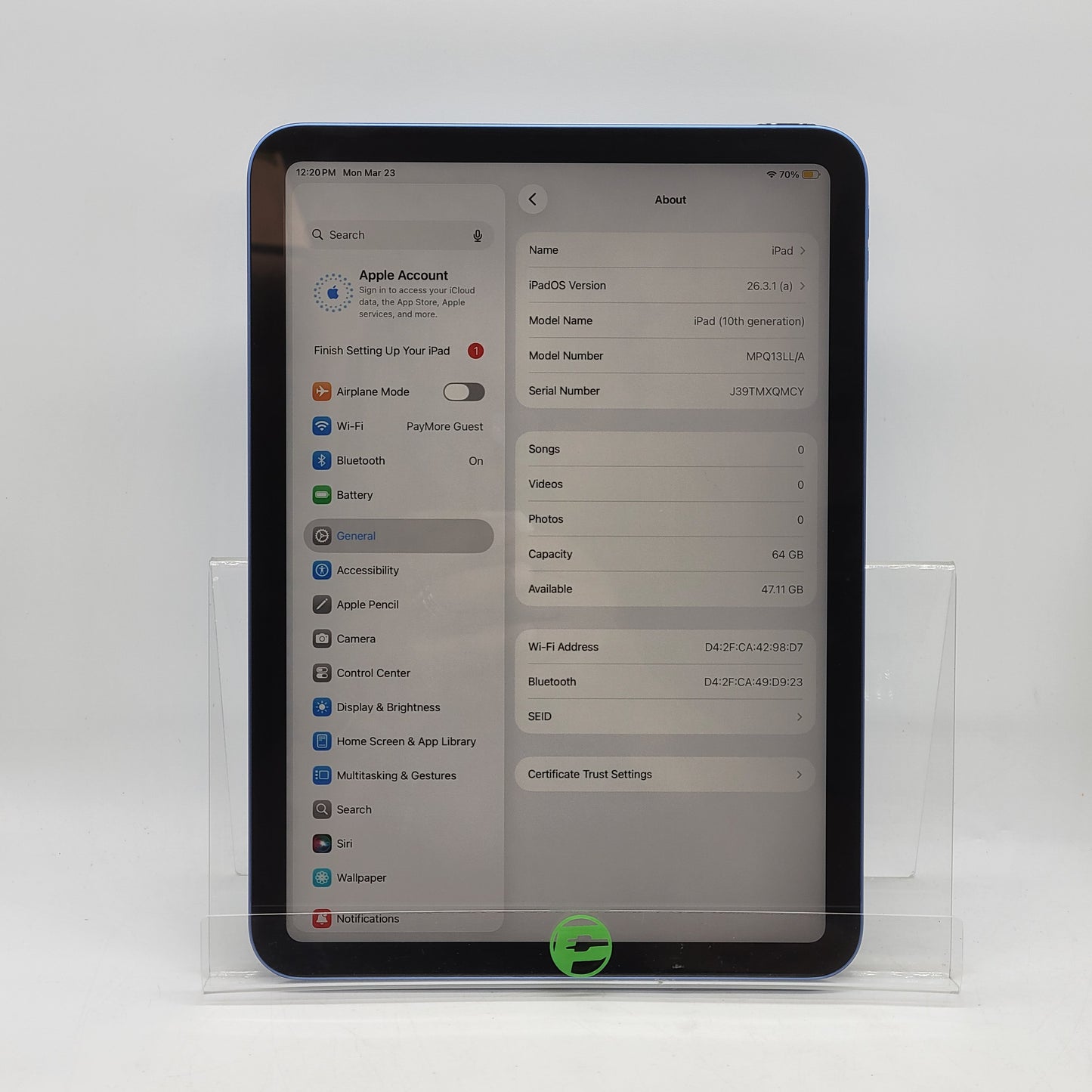 WiFi Only Apple iPad 10th Gen 64GB Blue MPQ13LL/A