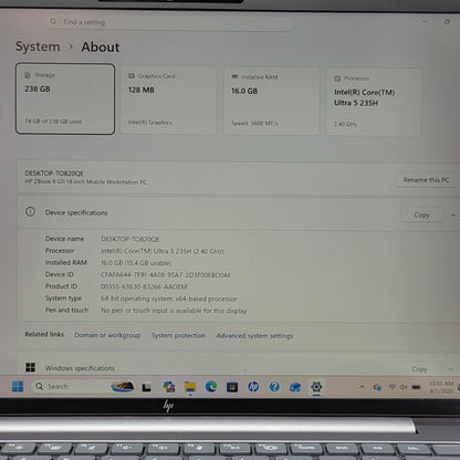 HP ZBook 8 GLI 14 14" Ultra 5 235H 2.4GHz 16GB RAM 256GB SSD