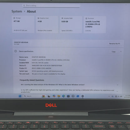 Dell G3 3500 15.6" i5-10300H 2.5GHz 8GB RAM 512GB SSD GeForce GTX 1650 Ti