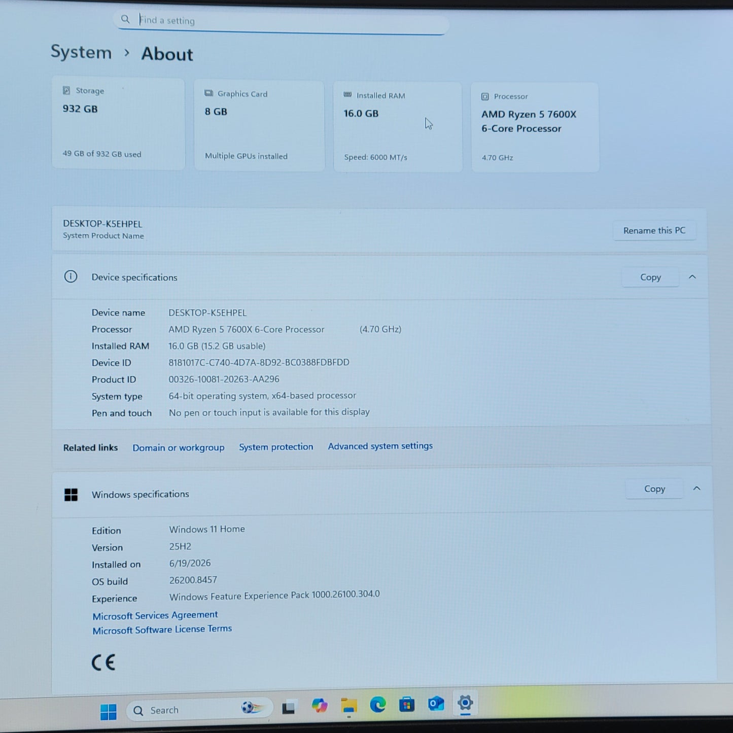 ASUS Custom PC Ryzen 5 7600X 4.70GHz 16GB RAM 1TB SSD Radeon RX 6650 XT