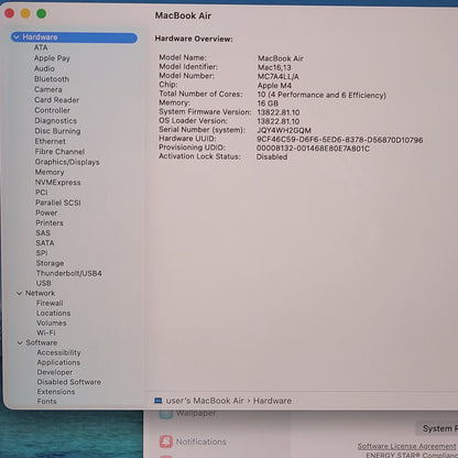 2025 Apple MacBook Air 15" M4 10C GPU 4.5GHz 16GB RAM 256GB SSD A3241