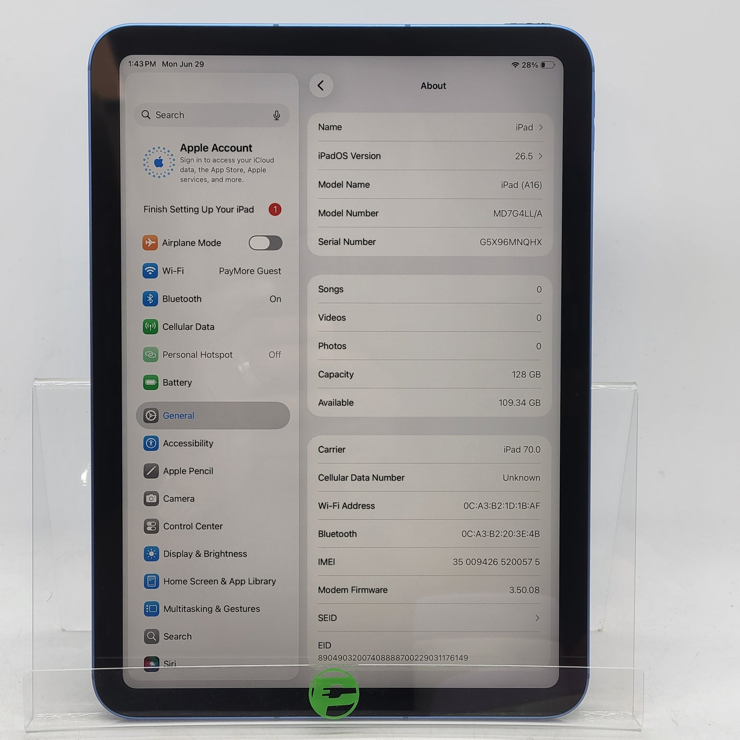 Factory Unlocked Apple iPad 11" (A16) 128GB Blue MD7G4LL/A