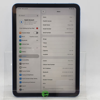 Factory Unlocked Apple iPad 11" (A16) 128GB Blue MD7G4LL/A