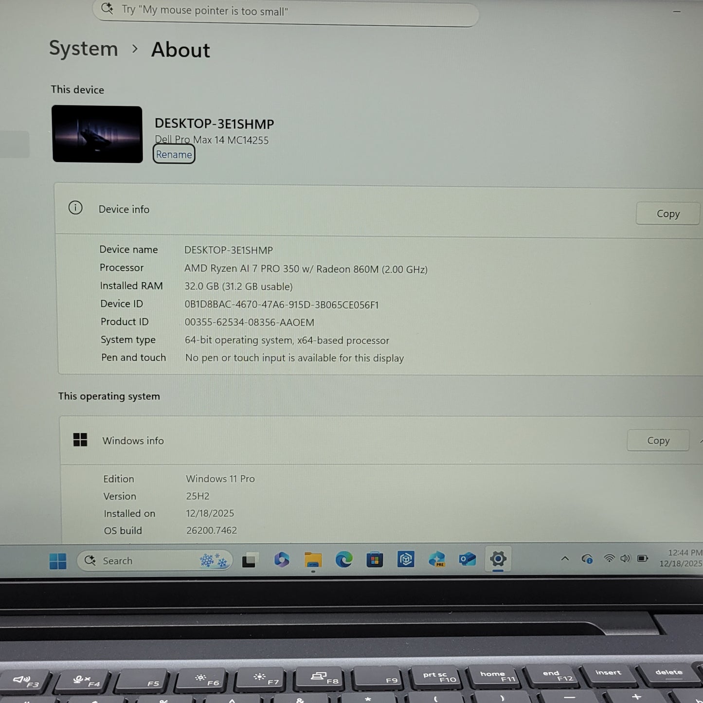 Dell Pro Max 14 MC14255 14" Ryzen AI 7 Pro 350 2.0GHz 32GB RAM 512GB SSD Read