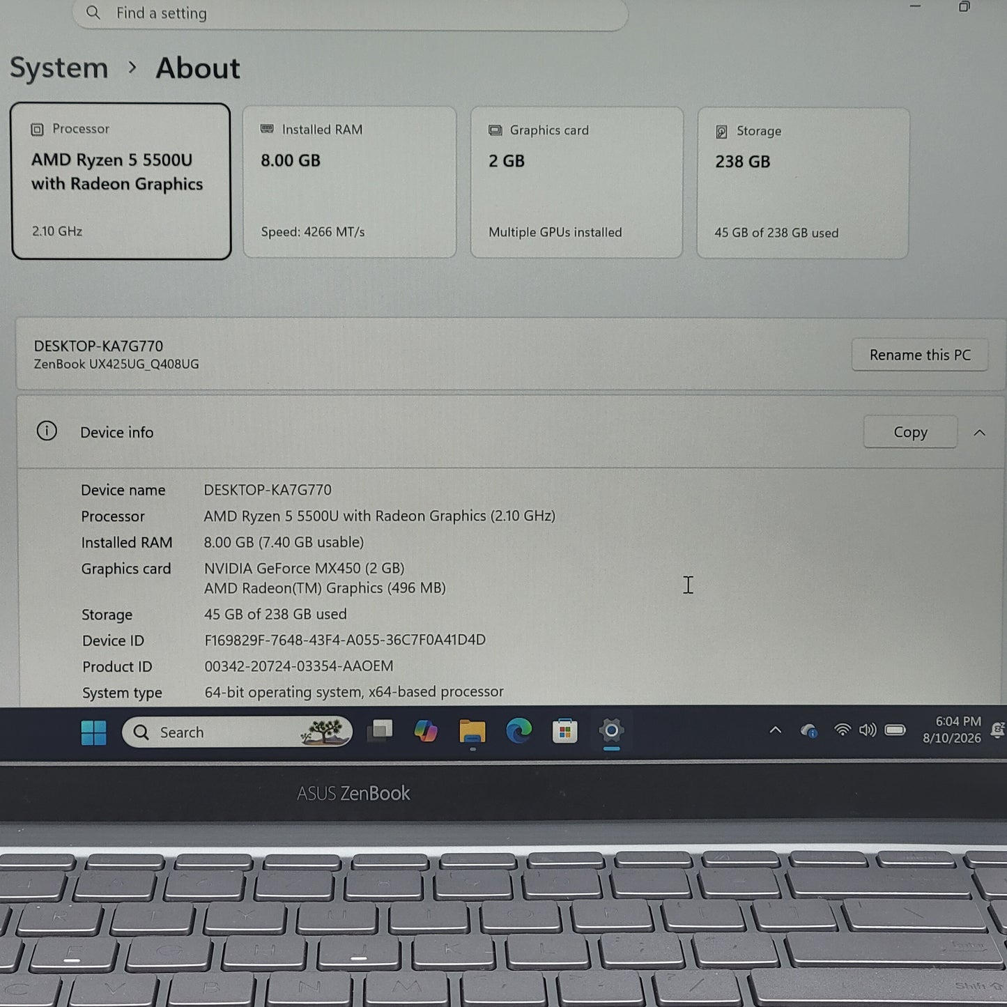 Asus Zenbook 14 Q408UG 14" Ryzen 5 5500U 2.1GHz 8GB RAM 256GB SSD GeForce MX450