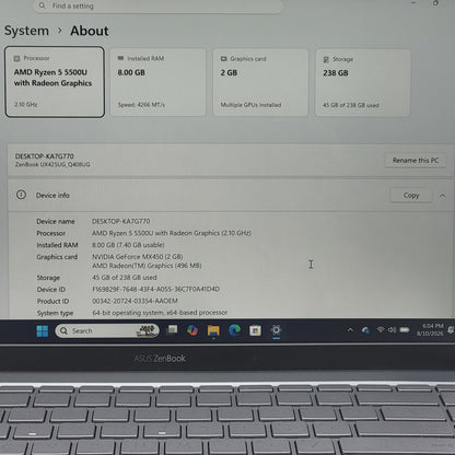 Asus Zenbook 14 Q408UG 14" Ryzen 5 5500U 2.1GHz 8GB RAM 256GB SSD GeForce MX450