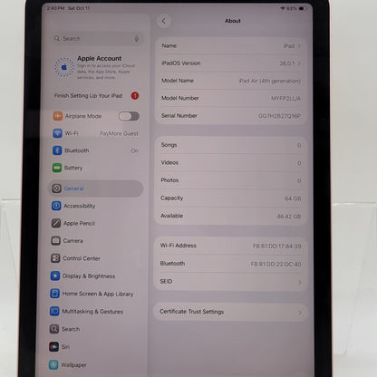 WiFi Only Apple iPad Air 4th Gen 64GB Rose Gold MYFP2LL/A