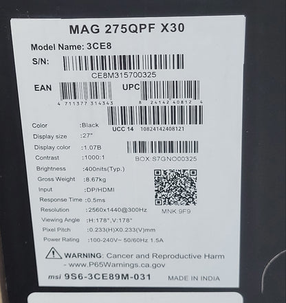 New MSI 27" MAG 275QPF X30 WQHD Rapid IPS 300Hz Gaming Monitor HDR 400