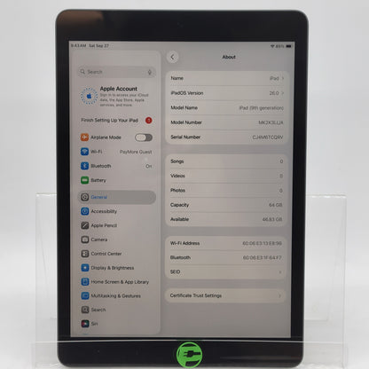 WiFi Only Apple iPad 9th Gen 64GB Space gray MK2K3LL/A With Pencil